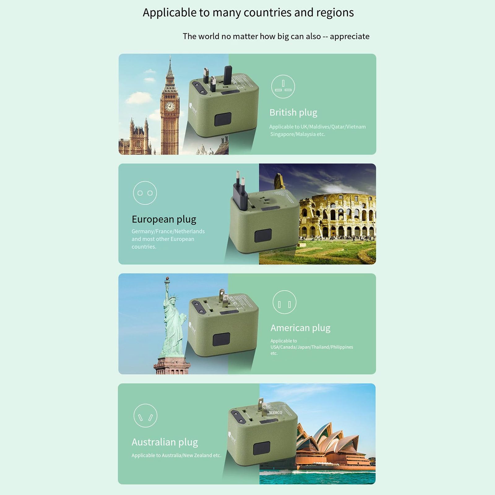Adattatore da viaggio universale, 3 USB+2 Type-C+1 presa globale+pin universale, un caricabatterie da muro indispensabile per i viaggi globali,Green-TYPE-Cfastcharge