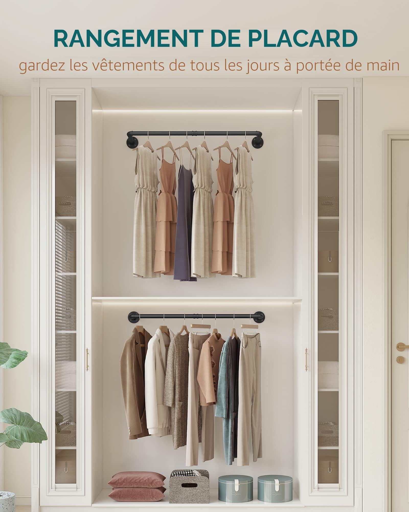 OROPY Portant à Vêtements Industriel, Tringle à Vêtements Murale, Barre de Tuyau de Rail de Suspension Murale pour Chambre à Coucher en Métal Noir (Noir, Paquet de 2)