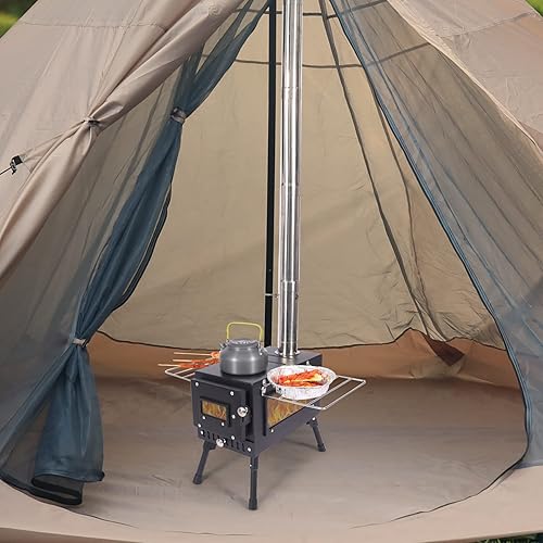 Miniatura 9 de Lineslife Estufa de leña caliente con vidrio, estufa de leña portátil para acampar con chimenea resistente al viento para tienda de campaña refugio