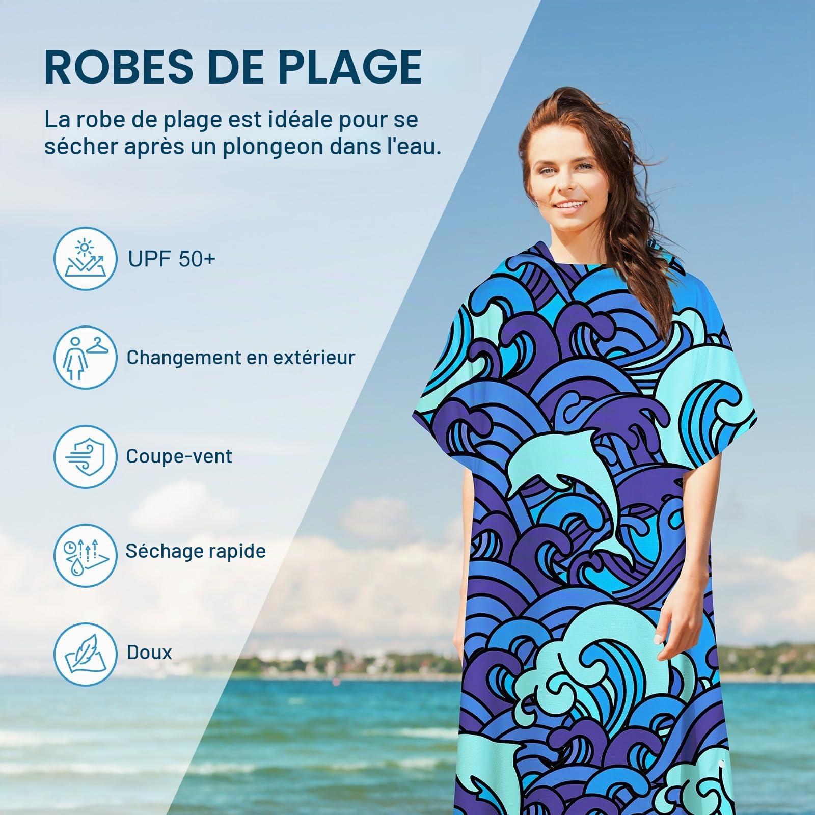 Grande Serviette de Plage à Capuche en Microfibre,Peignoir 90x105cm,Absorbant,Séchage Rapide,Anti-Sable,Légèreté,Remplacement Extérieur,Plages,Sports,Voyages,Sauna,Piscines,Vagues Bleues