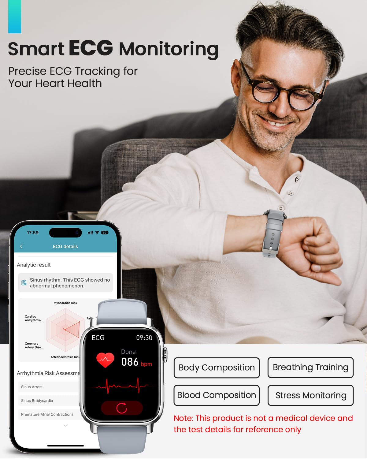 BANLVS Smartwatch Uomo Donna con 𝐆𝐥𝐢𝐜𝐞𝐦𝐢𝐚/𝐇𝐑𝐕/𝐄𝐂𝐆, 1,83" Orologio Fitness con Chiamate, 24H Cardiofrequenzimetro SpO2, Sonno, 150+ Sport, Notifiche Messaggi, IP68 Android iOS Argento