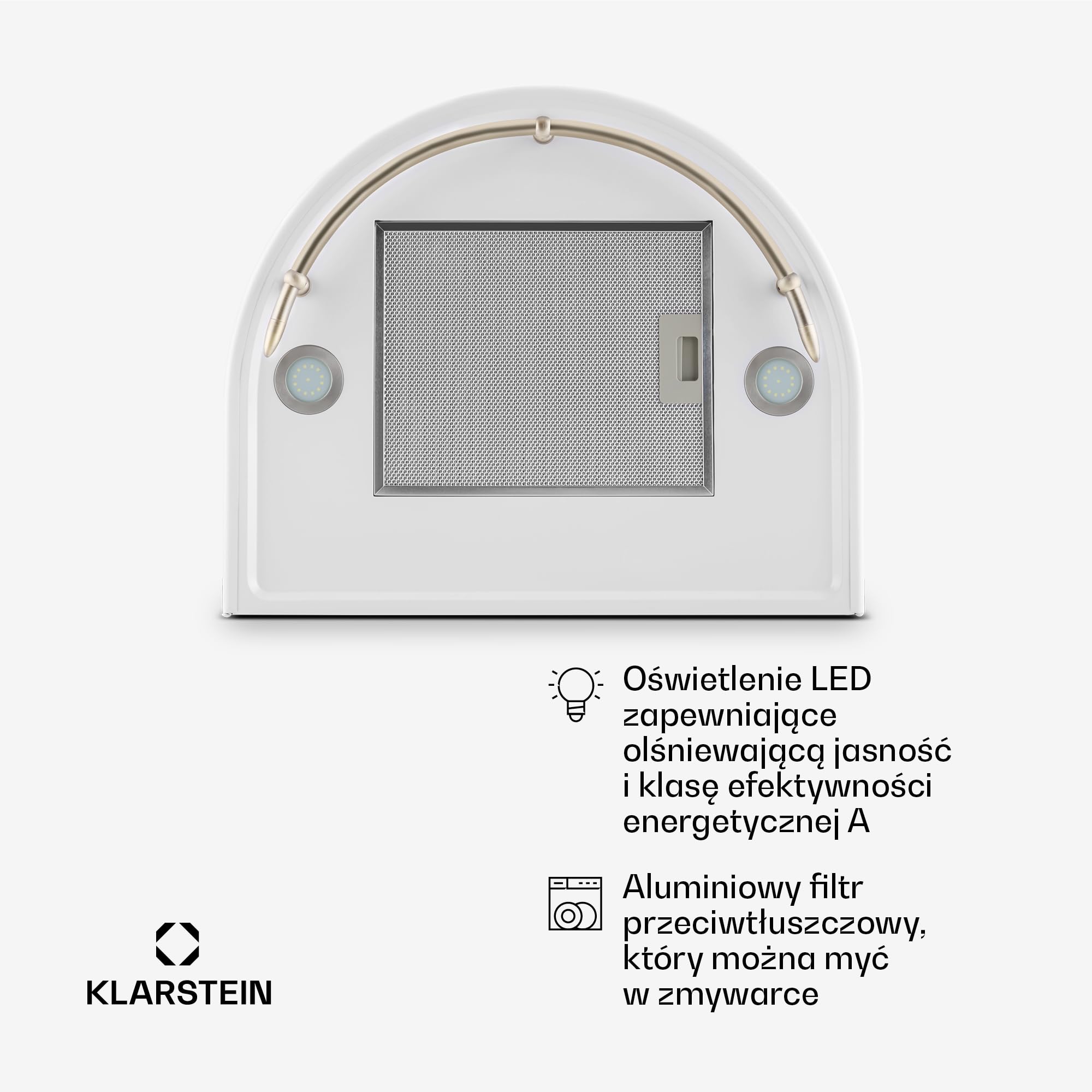 KLARSTEIN Lumio Neo - Hotte Murale aspirante Style rétro avec Rail pour accrocher ustensiles (60cm, Extraction 610m³, Mode Recyclage Possible, 3 Vitesses) - Blanc