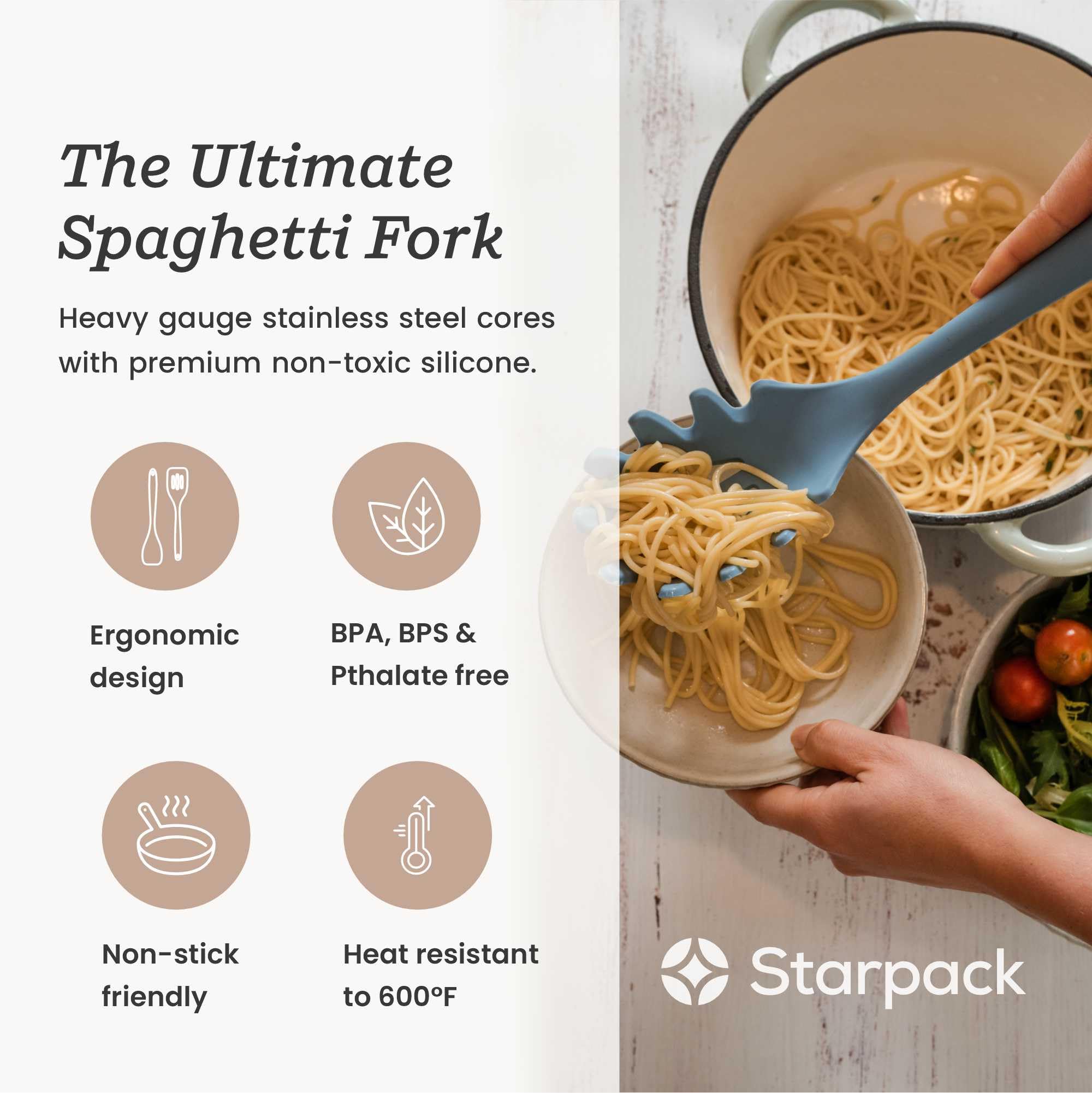 Amazon.com: Starpack XL Premium Silicone Pasta Fork (13.5") - Spaghetti  Spoons High Heat Resistant to 600°F - Silicone Pasta Spoon Strainer -  Server Spoon with Teeth - Server Utensil for Pastas: Home & Kitchen