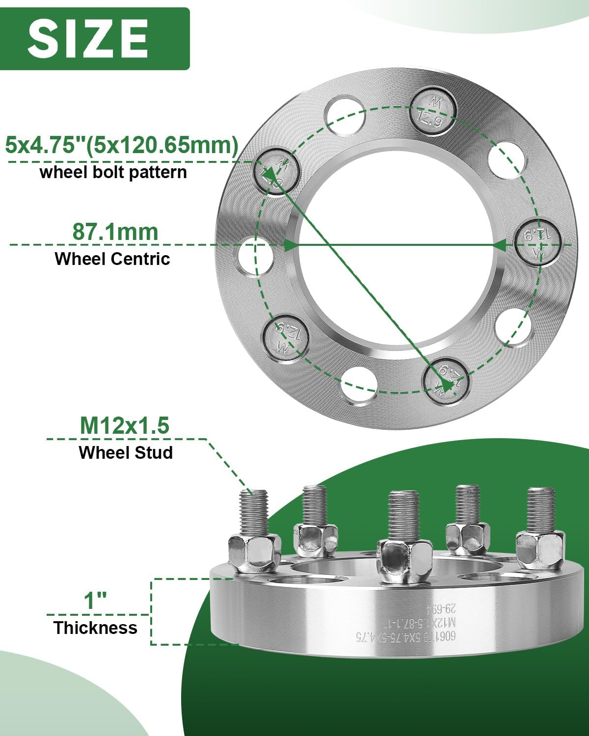5x4.75 Wheel Spacers, 1 Inch 5x120.65 Wheel Spacers 87.1mm Center Bore with M12x1.5 Studs - Image 2
