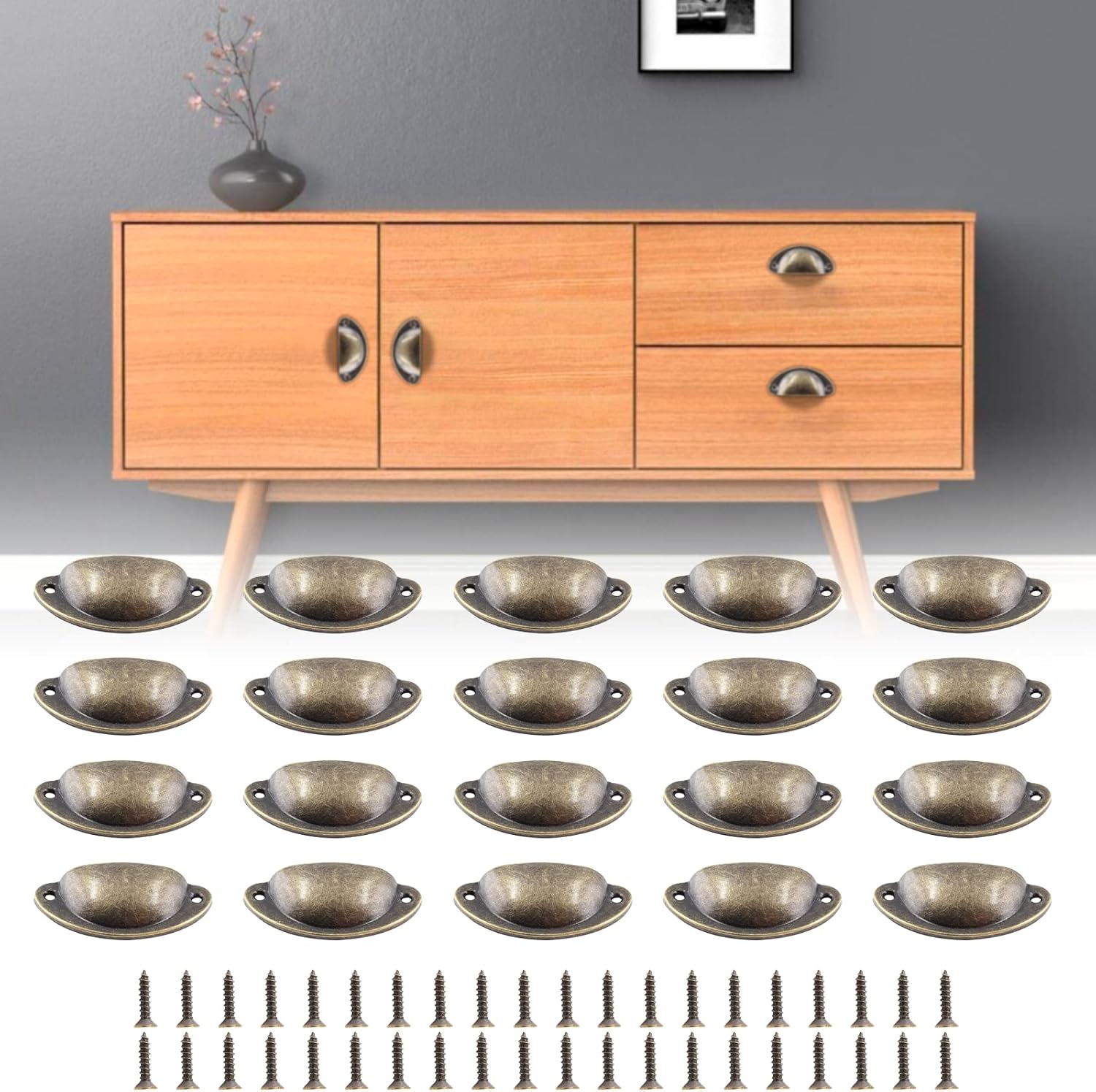 Bivethoi 20 Pack Cabinet Bin Cup Pulls Antique Bronze Half Moon Drawer Pulls, 2-5/8 Inch / 67mm Hole Center Dresser Pull Hardware Shell Pull Handles, Vintage Metal Cupboard Handles for Kitchen Closet