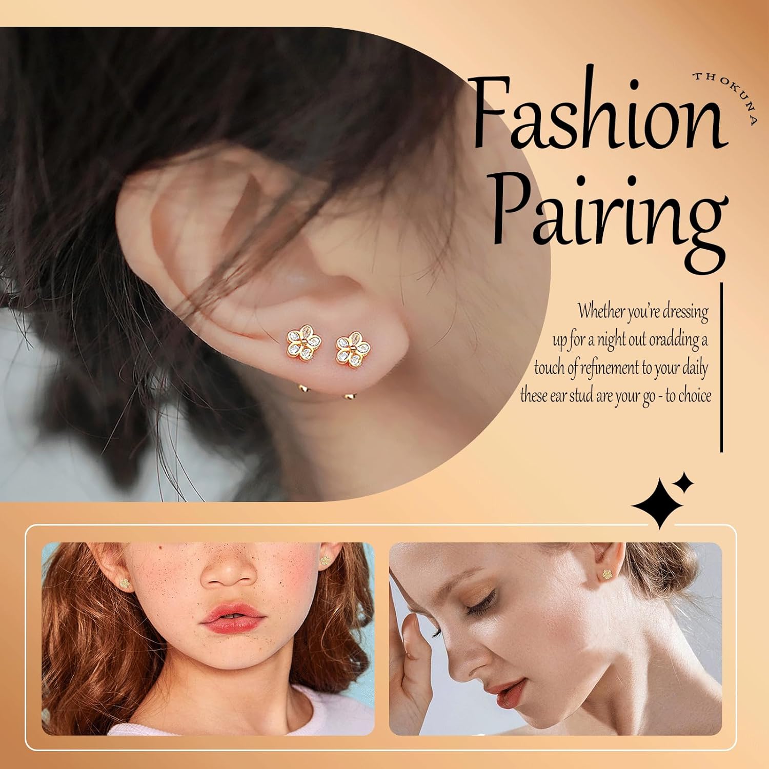 THOKUNA 18K Gold Plated Sterling Silver Cubic Zirconia Screw Back Small Trendy Dainty Cute Flower Stud Earrings for Women with Jewelry Rose Box - Image 3