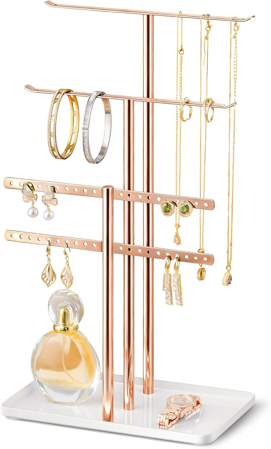 pickpiff Jewelry Stand Organizer, 14.5" Tall Sturdy Metal, 3-TierJewelry Holder for Necklace, Earring, Bracelet, Ring, Hanger for Display and Storage, Aesthetic Room Decor, White