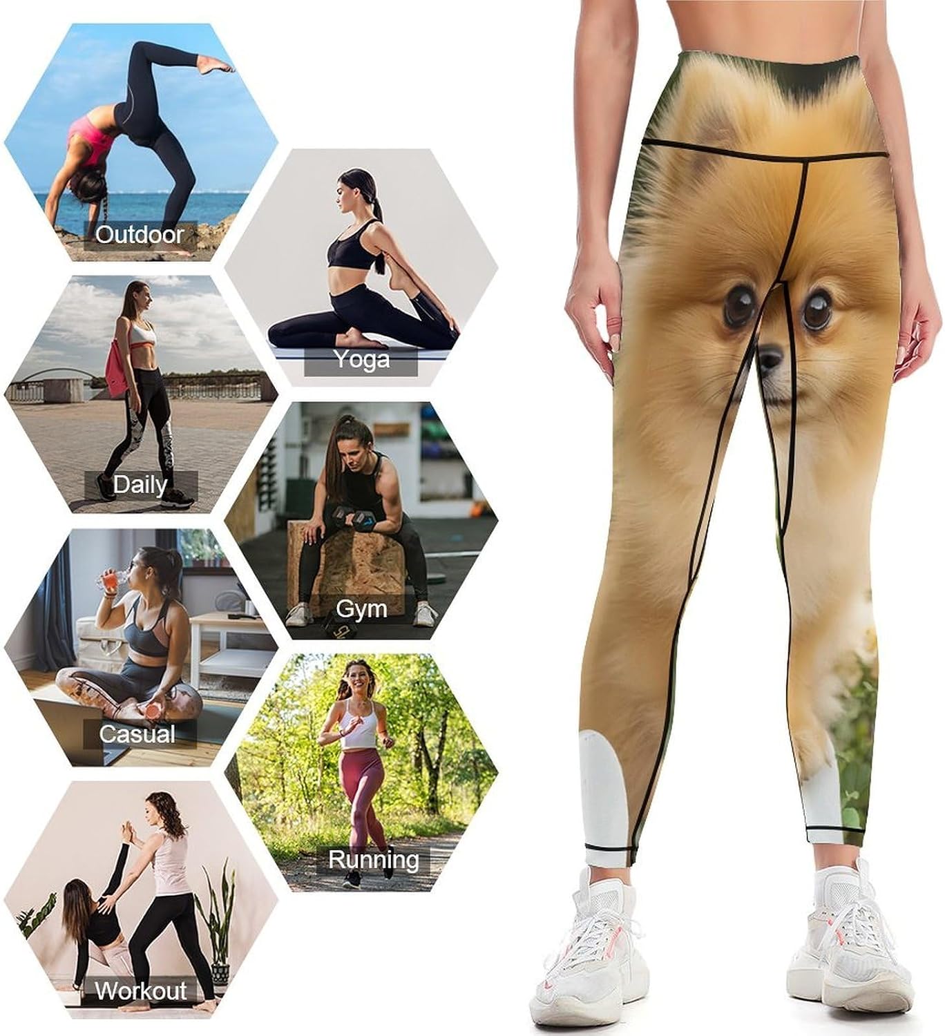 Funny Pomeranian Dog Leggings for Women High Waist Yoga Pants Tummy Control Workout Pants for Athletic Gym