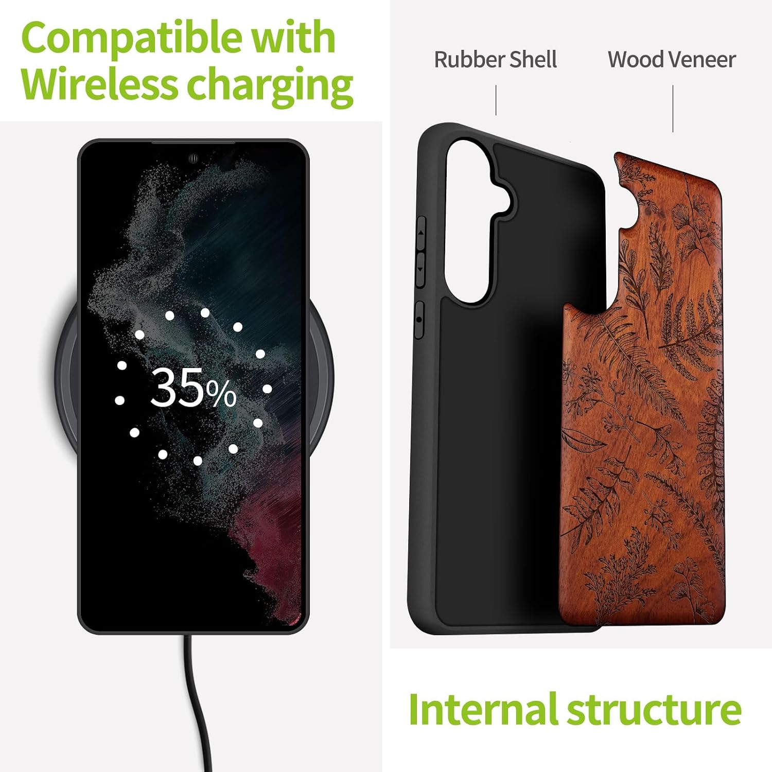 Carveit Wood Case for Galaxy S24 Plus Case [Natural Wood & Black Soft TPU] Shockproof Protective Cover Unique Wooden Design Compatible with S24 Plus (Fern Leaves & Herbs-Rosy)