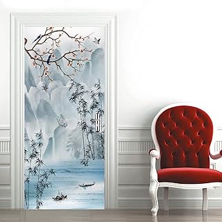 A.Monamour Sticker Porte Autocollant Poster De Porte 3D Paysage De Lac De Montagne Aquarelle Vinyle Affiche De Porte Sticker Mural Papier Peint Art Décor 85 x 215 cm
