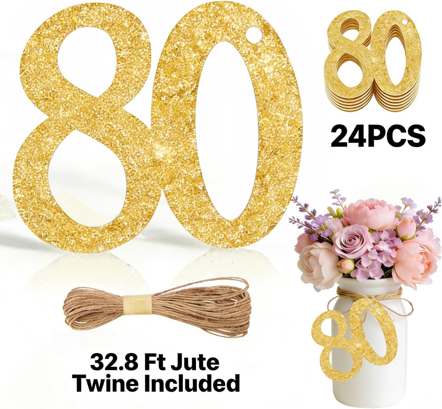 ALISSAR 24PCS Gold 80 Number Tags with 32.8 Ft Jute Twine – 80th Birthday Decorations, 80th Anniversary Party Supplies, Mason Jar Centerpieces, Gift Wrapping & Table Decor Kit