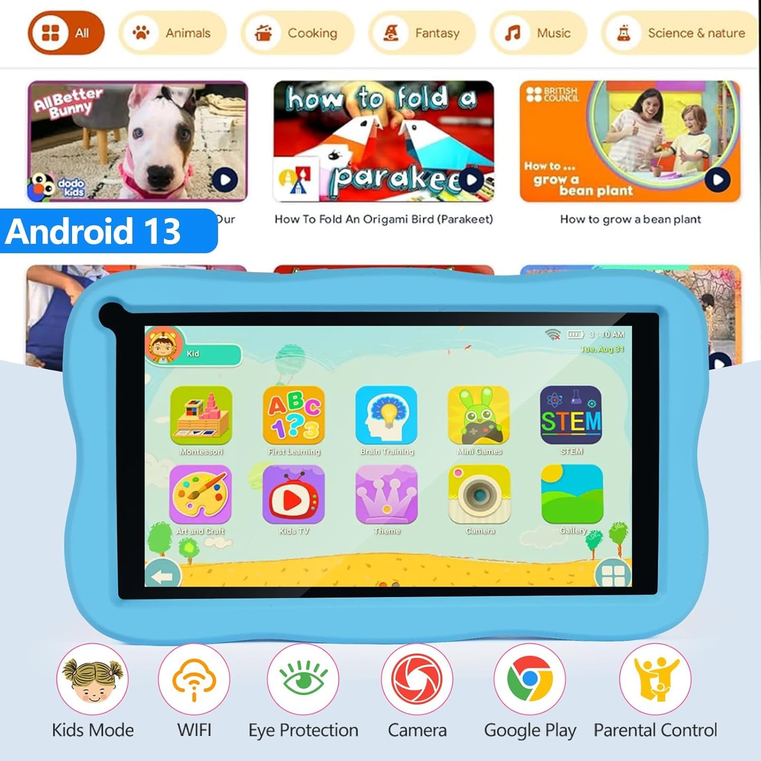 SUMTAB Tablet Bambini 7 Pollici con Controllo Parentale, Android 13 Tablette, 8 GB RAM 64GB ROM (256 GB Estensione) Bluetooth, WiFi,Tablet per Bambini con Custodia(Blu)