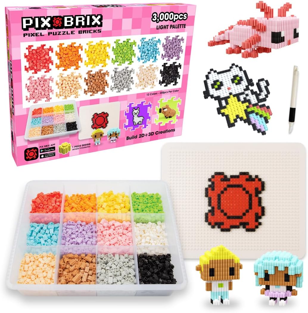 Pix Brix Pixel Art Puzzle Bricks – 3,000 Piece Pixel Art Container, 12 Color Light Palette – Interlocking Building Bricks, Create 2D and 3D Builds Without Water or Glue – Stem Toys, Ages 6 Plus