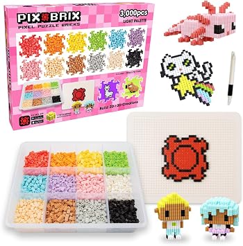 Pix Brix Pixel Art kit Puzzle Bricks - 3,000 Piece Pixel Art Container, 12 Color Light Palette - Interlocking Building Bricks, Create 2D and 3D Builds Without Water or Glue - Stem Toys, Ages 6 Plus
