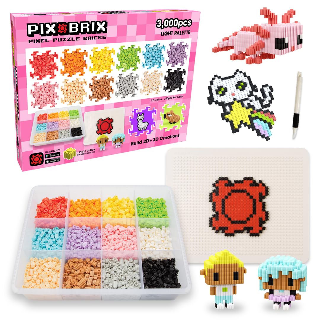 Pixel Art kit Puzzle Bricks - 3,000 Piece Pixel Art Container, 12 Color Light Palette - Interlocking Building Bricks, Create 2D and 3D Builds Without Water or Glue - Stem Toys, Ages 6 Plus