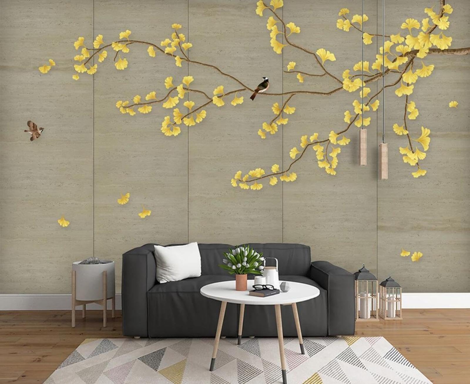 Papier peint panoramique ginkgo style tapisserie peinte à la main