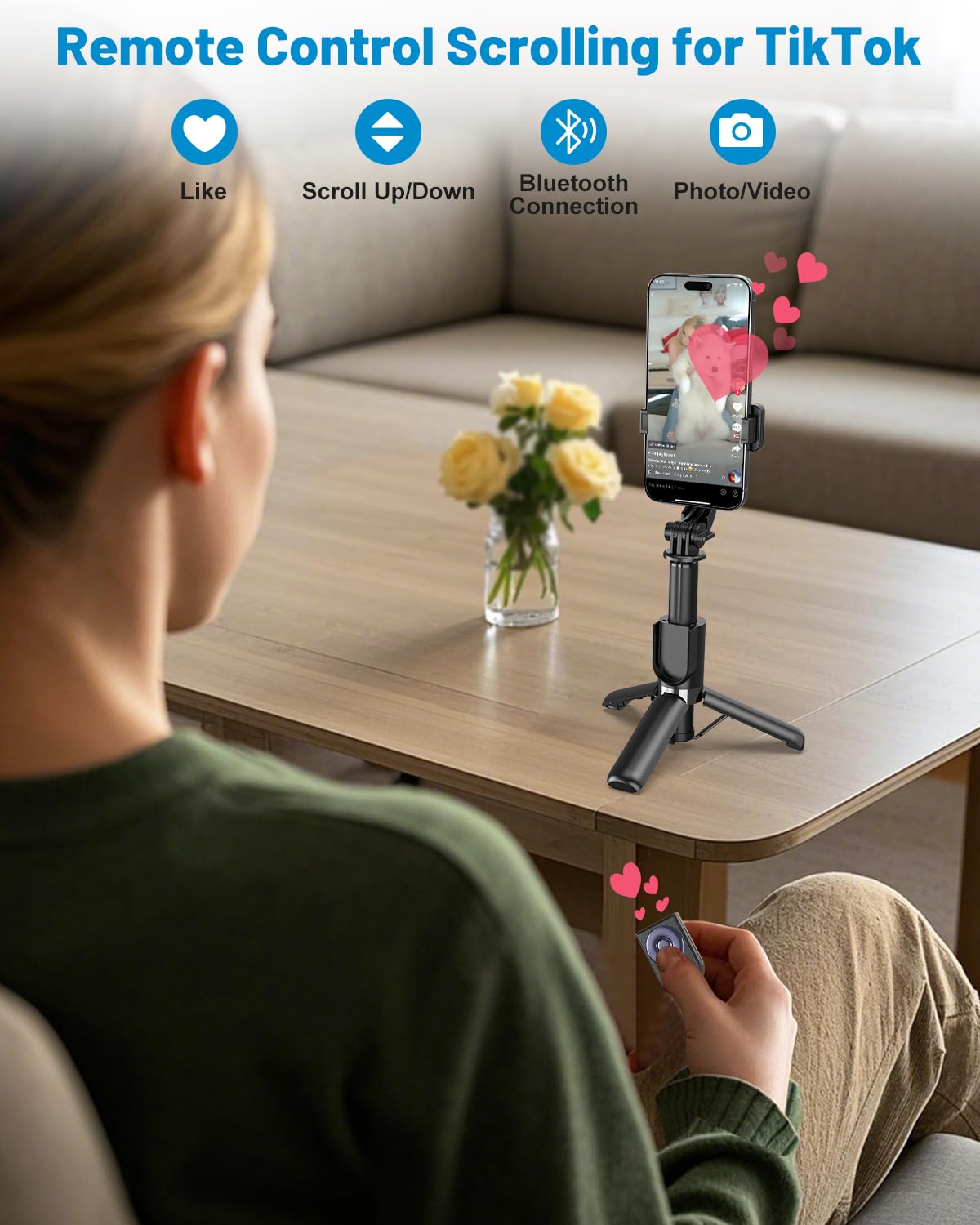 Yeaki Soporte de teléfono con control remoto para TikTok, trípode de 32 pulgadas para iPhone con girador de página, palo selfie de aluminio para iPhone/iPad/TikTok Vlog grabación de video