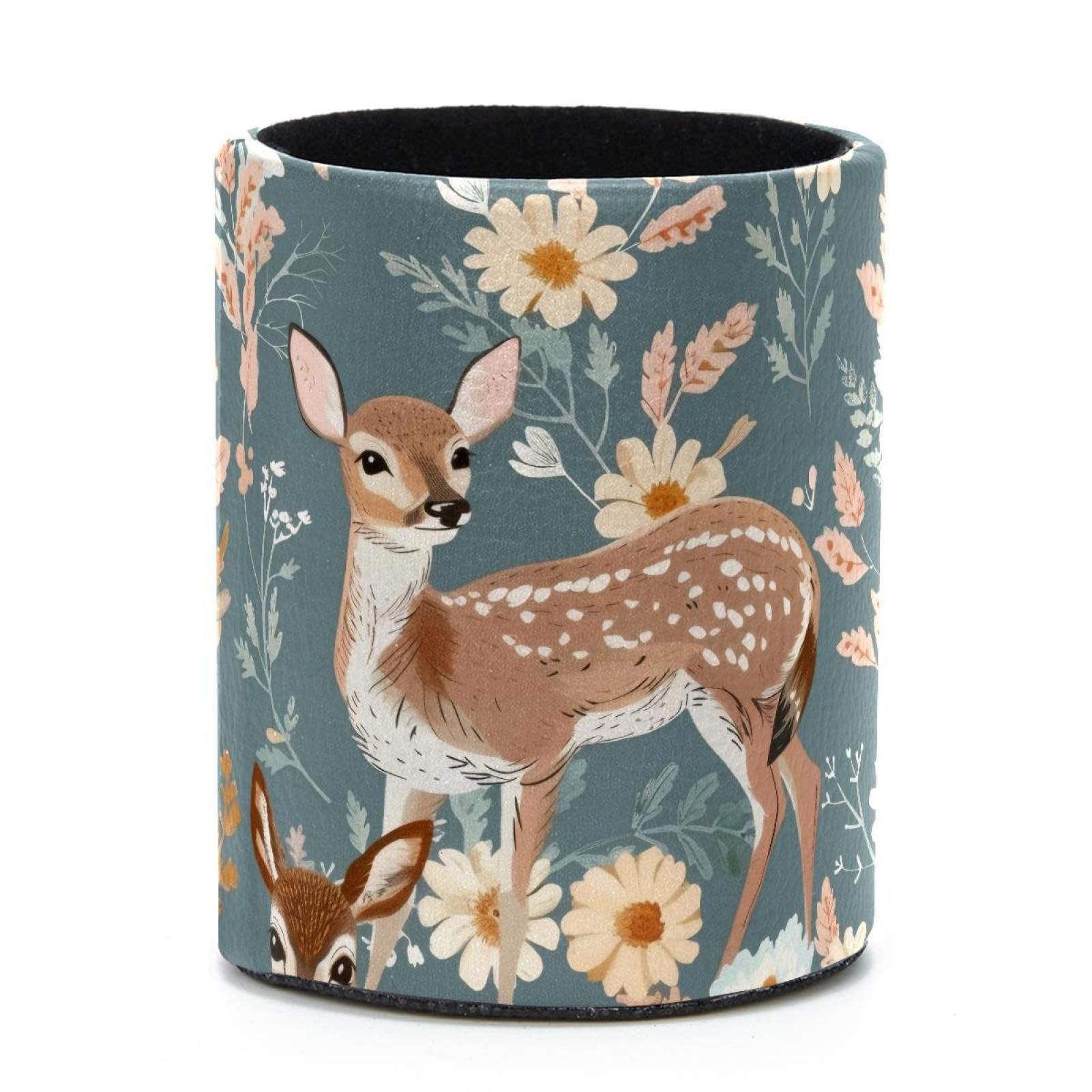 VAPOKF Round Pencil Holders for Desk, Deer and Flowers Pen Holders Pen Pot Makeup Brushes Storage Desktop Stationery Supplies Organiser for Home Office