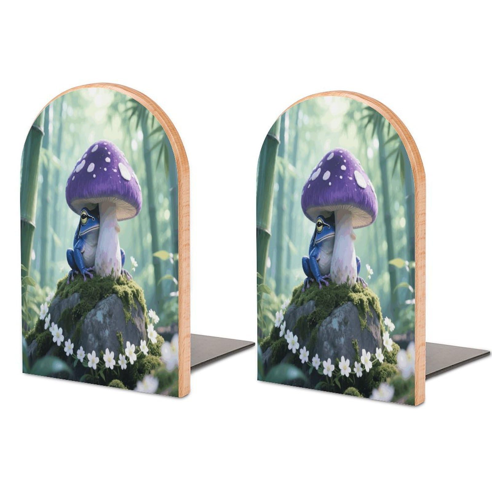 Frog Mushroom Aesthetic Bookend Modern Non-Skid Bookends Heavy Duty Wooden Book Stopper Support for Heavy Books Book Organizer for Home Office Supplies