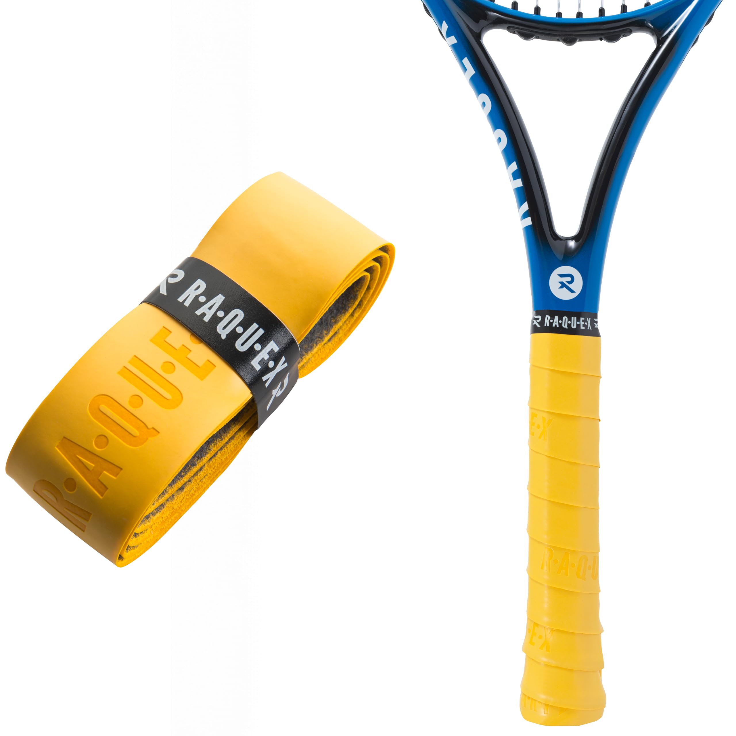 Raquex Enhance Replacement Racket Grip: Tennis Grip, Badminton, Squash Grip Tape, Padel, Pickleball. 14 Colours. Premium, Self-Adhesive Tennis Racquet Grip with Finishing Tape (Deep Yellow, 2 Grips) — image 1