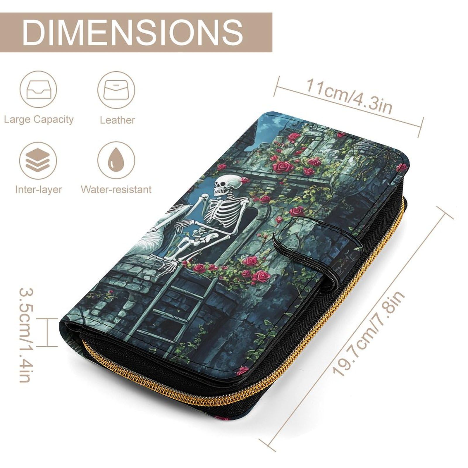 Romantic Gothic Skeleton Lovers Castle Long Wallet PU Leather Credit Card Holder Durable Zippered Purse Clutch Wallet