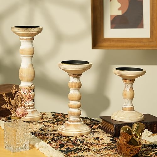 Miniatura 3 de Portavelas de madera para velas de pilar, portavelas alto rústico (juego de 3), portavelas de granja grande, juego de portavelas de pilar para