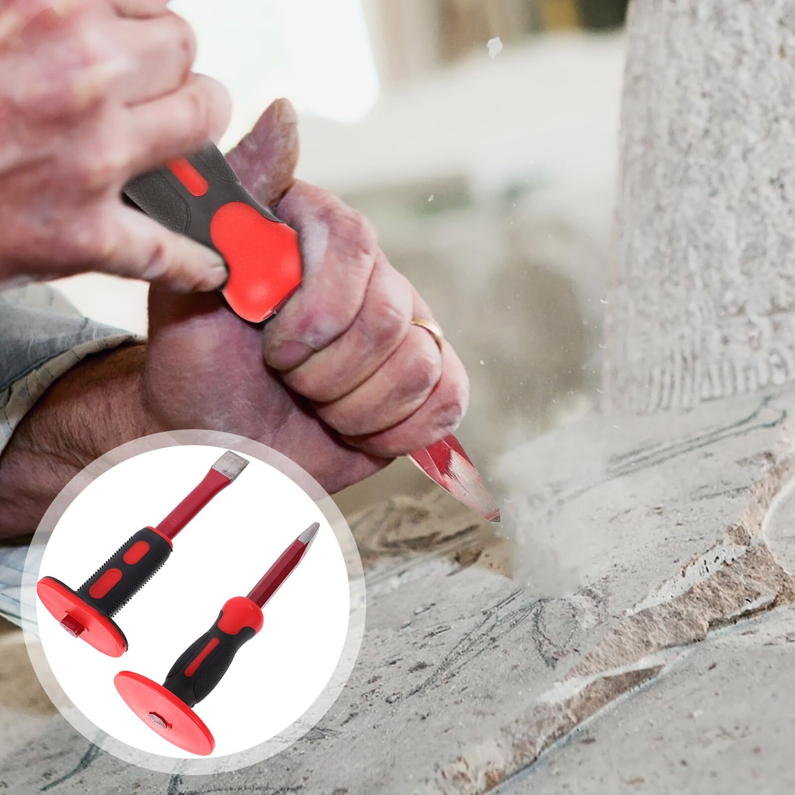 DOITOOL Set Scalpelli per Muratura 2 Pezzi in Acciaio Cromo-vanadio Impugnatura in Pvc, Scalpello Piatto e Punta, Design Ergonomico per Lavorazione Cemento e Pietra
