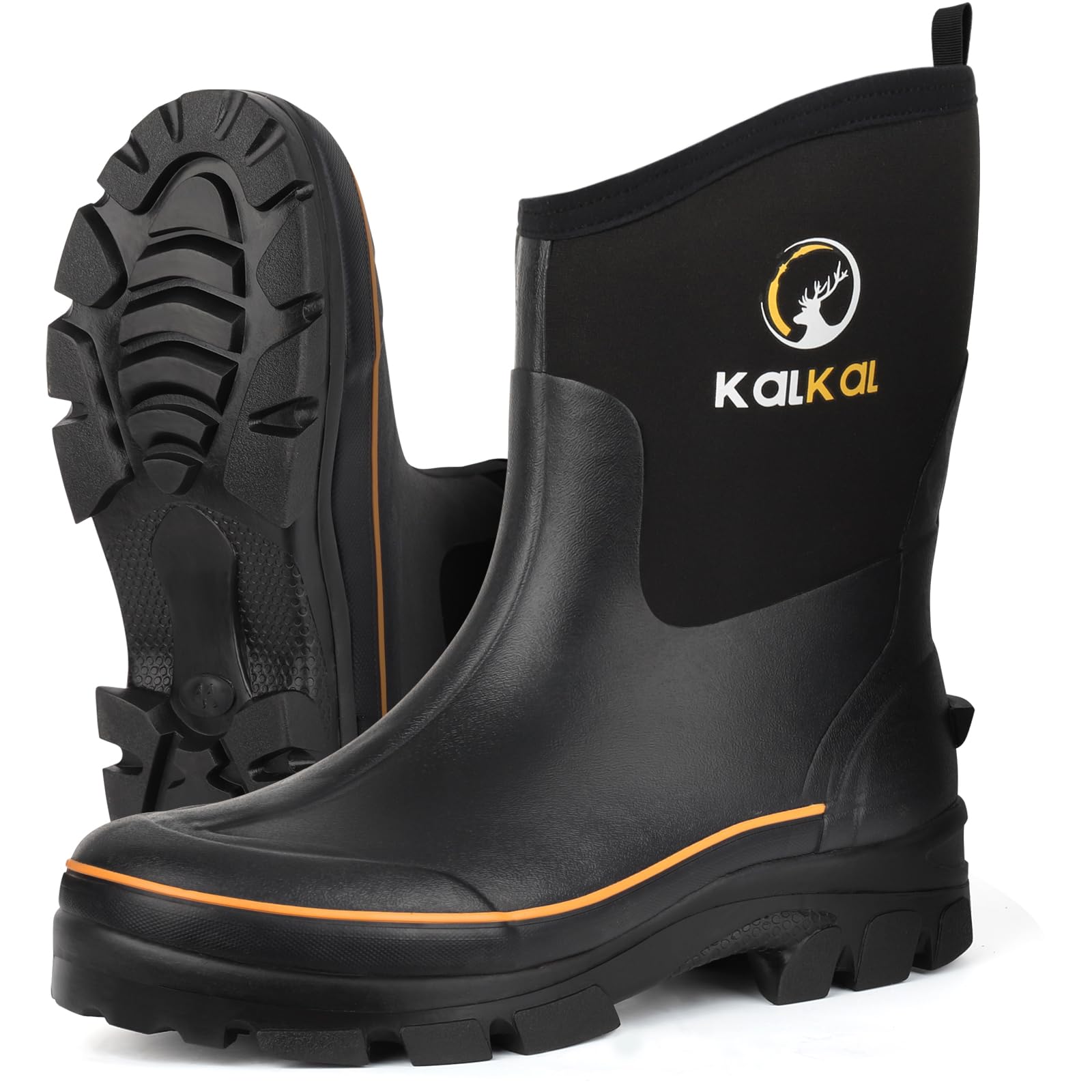 Kalkal Rubber Boots for Men, 6mm Neoprene Insulated Rain Boots with Steel Shank, Waterproof Mid Calf Rubber Work Boots For Mud Gardening Farming Fishing Hunting Working, Size 7-14