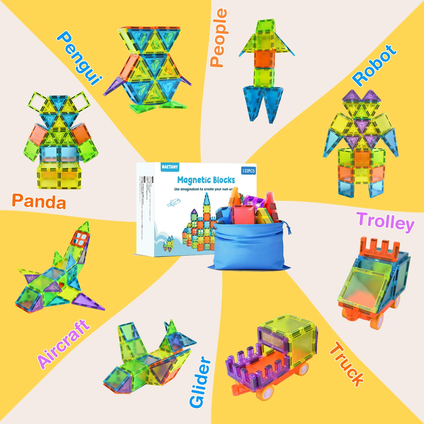 Construction Magnetique Enfant 122 Pièces, Blocs Construction Magnétiques