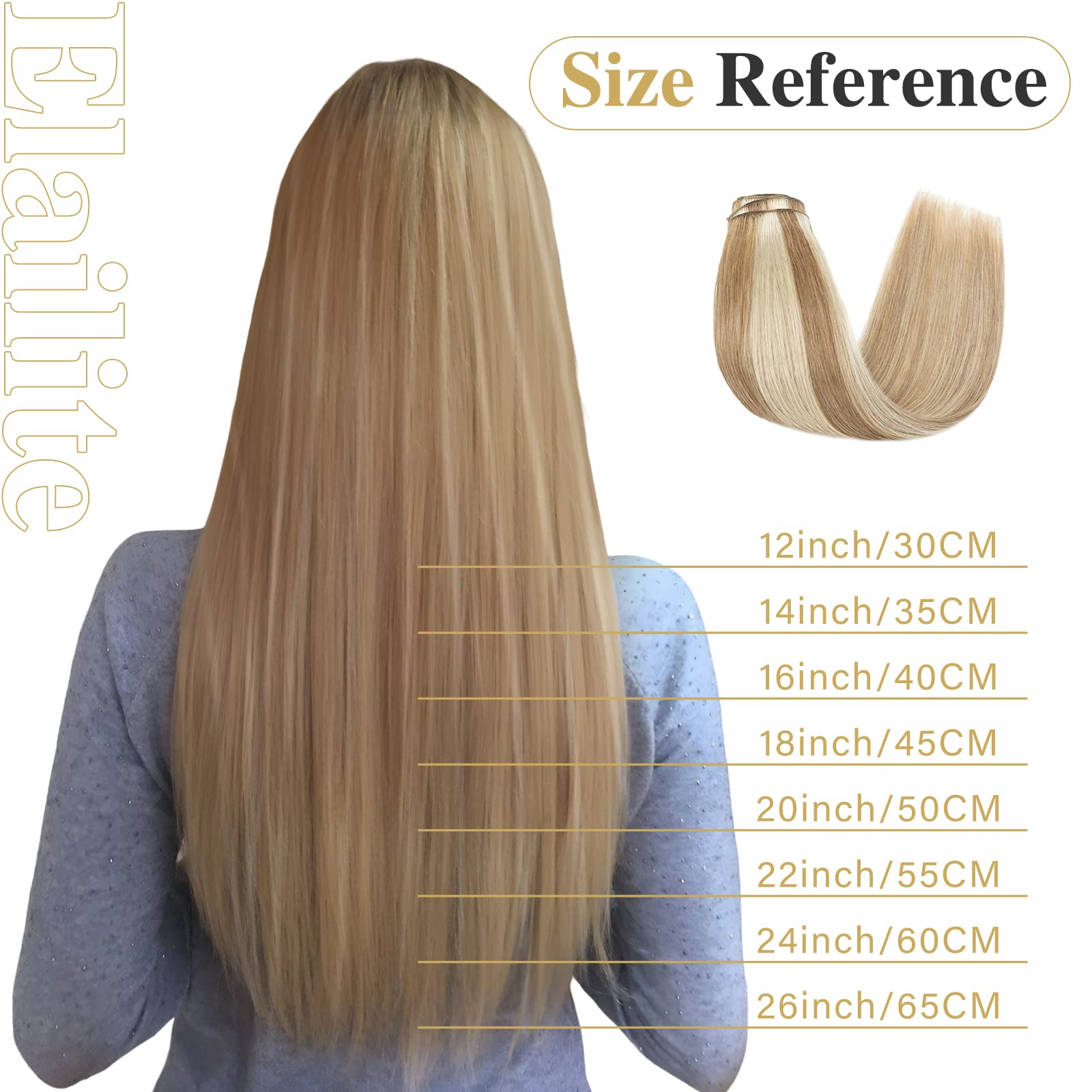 Elailite Extensiones de Clip de Pelo Natural Gruesas #12P613 Castaño Dorado Mecha Rubio Muy Claro, 8 Piezas Largas Cabello Humano 50cm (150g)