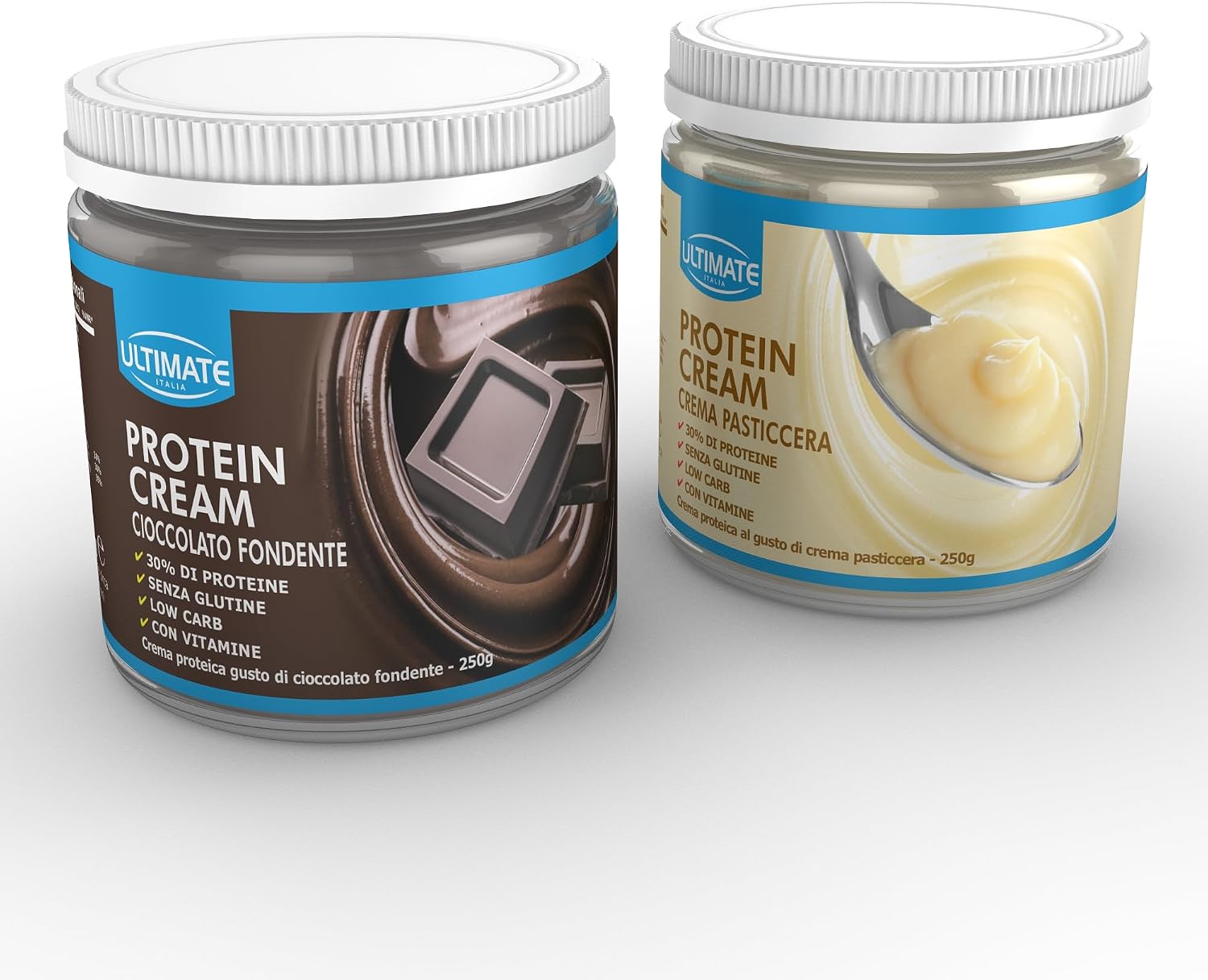 Ultimate Italia - 2 protein cream gusti misti (1 cioccolato fondente + 1 crema pasticcera) - Senza Glutine - Low Carb - 2x250 g