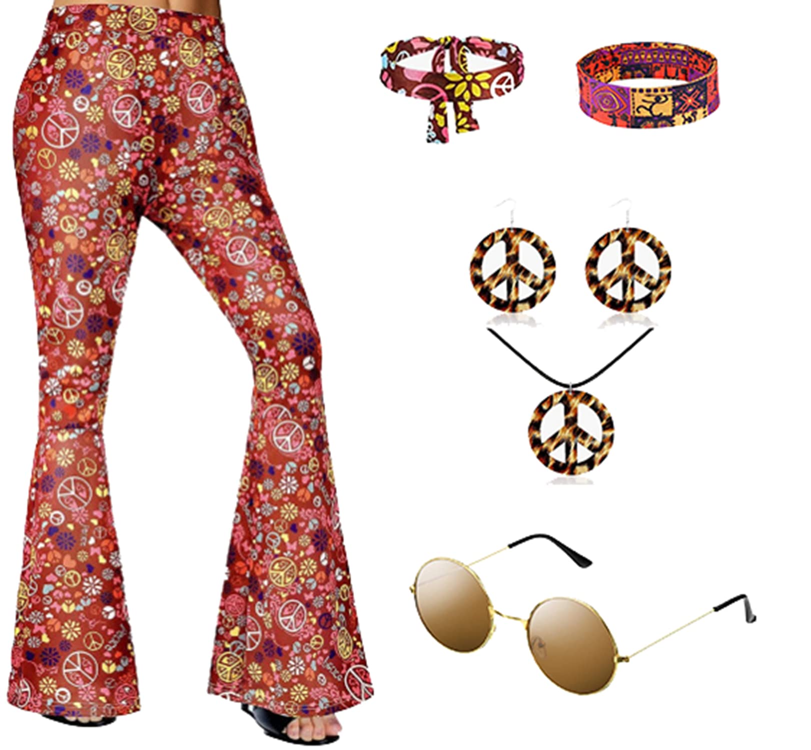 Disfraz hippie de los años 70 y 80 para mujer, pantalones acampanados con estampado floral bohemio, pantalones hippie de discoteca, juego con accesorios hippie