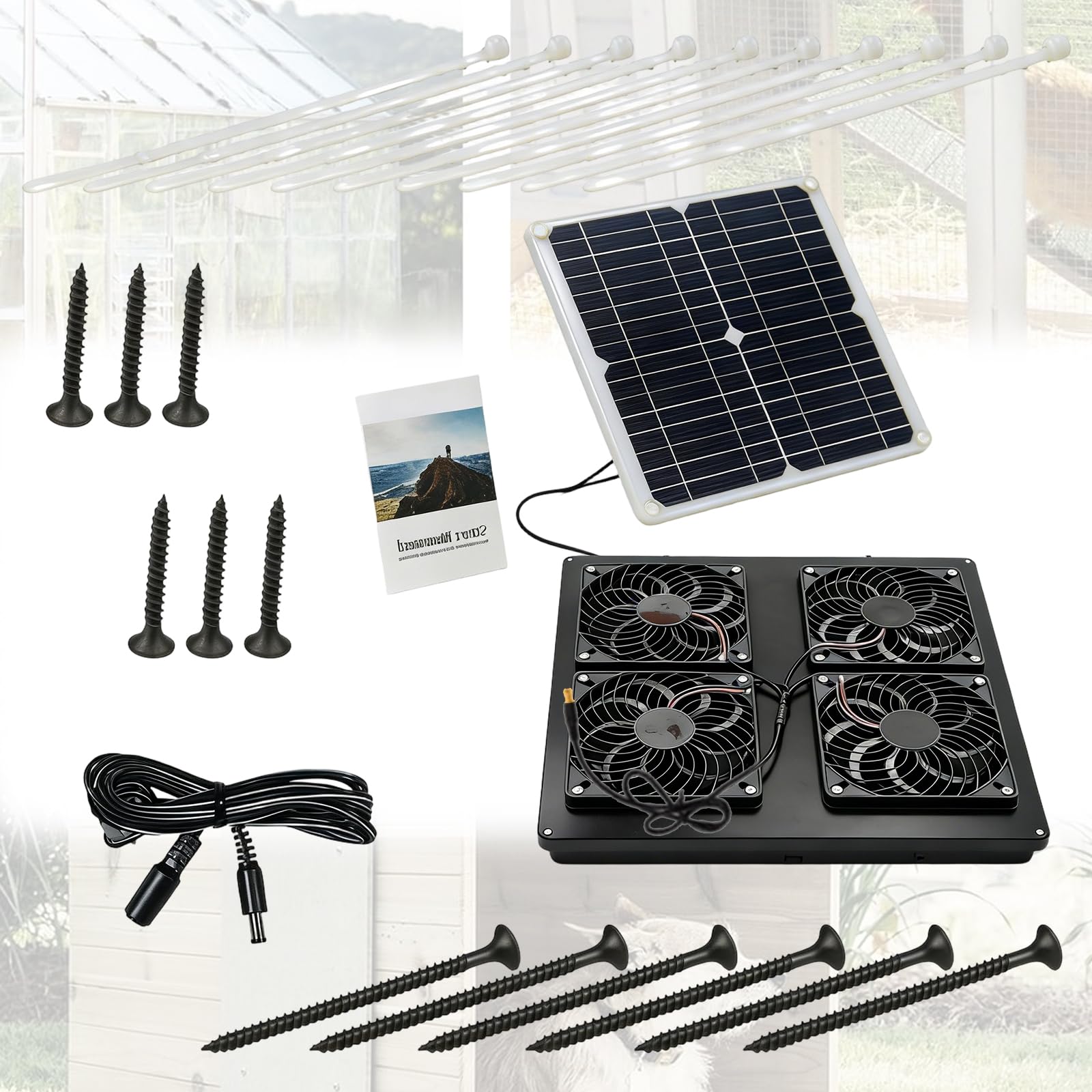 of 1 High Efficiency 12W Monocrystalline Photovoltaic Panel with 4 Large Central Admirers for Powerful Ventilation in Cooperatives Greenhouses and Pet Residences IP65 Waterproof Solar Shed Fan