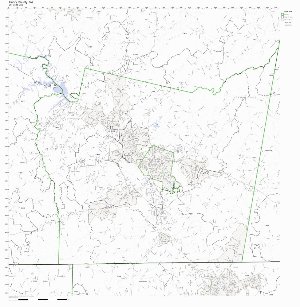 Henry County, Virginia VA ZIP Code Map Not Laminated