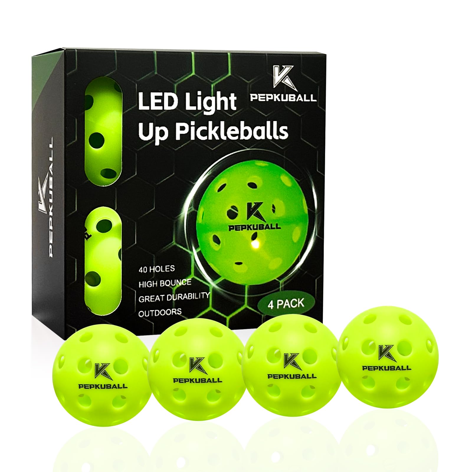 PEPKUBALL Glow in The Dark Pickleball Balls 4 Pack - x40 Hole LED Night Pickleballs for Outdoor/Indoor Play - Perfect Balance & Durable Design(LED 4PACK)