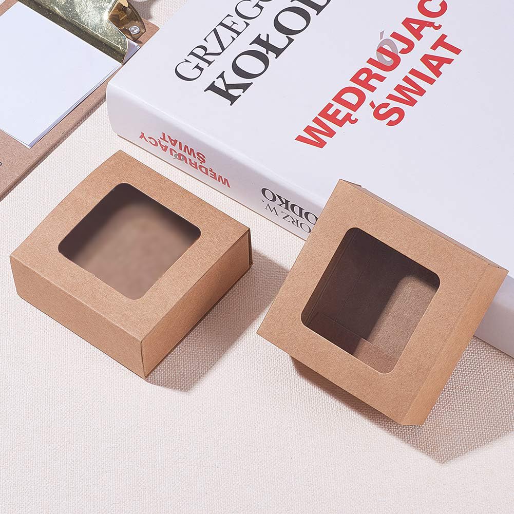BENECREAT 24 Pezzi Scatola in Cartone Kraft Marrone con Finestra Trasparente Scatole Regalo 8x8x3cm per Confezioni di Gioielli per Feste, Dolci, Torte