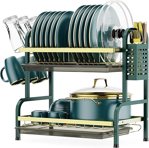 Escurridor de platos, juego de escurridor de platos de acero inoxidable de 2 niveles, soporte para utensilios, soporte para tabla de cortar,