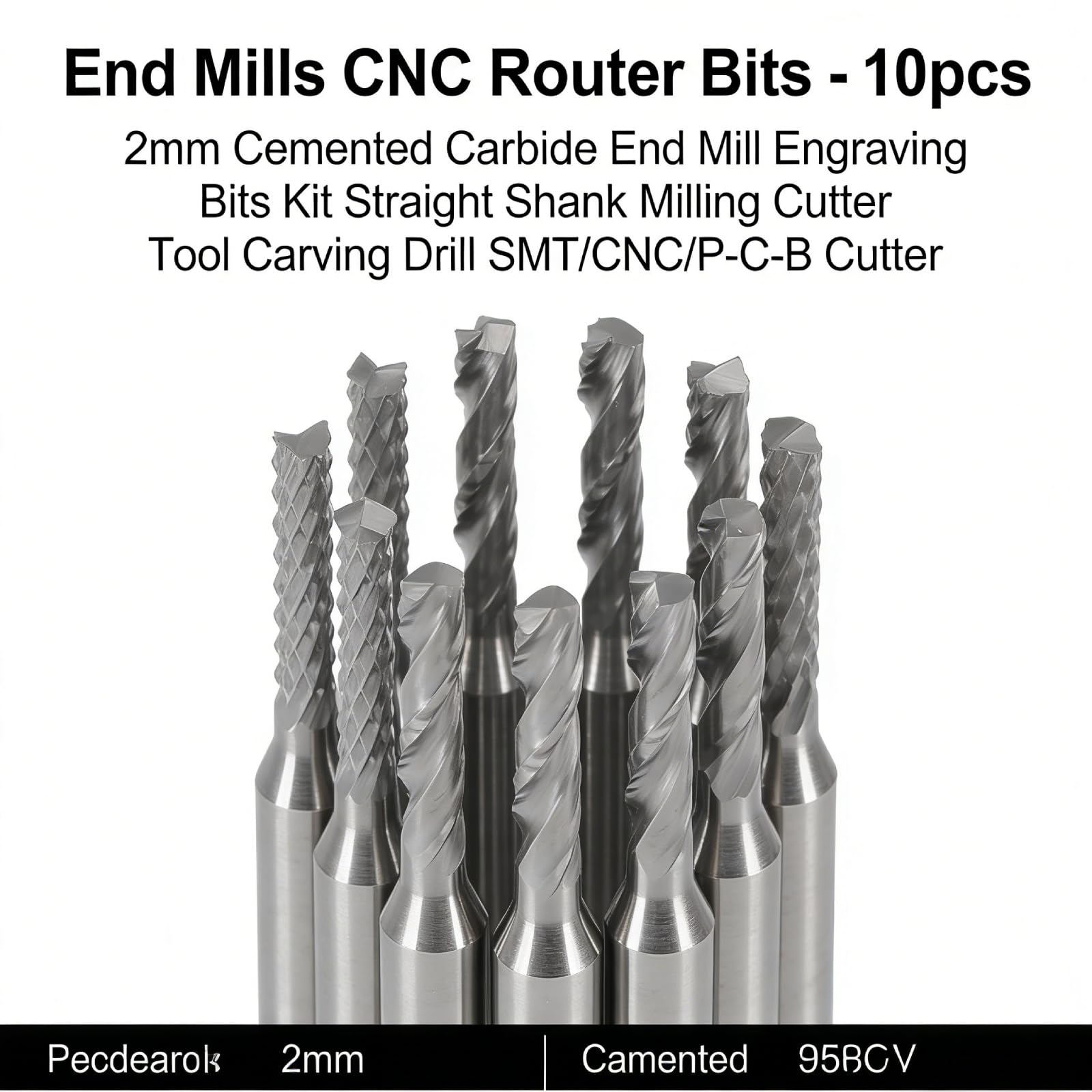 Fraises en bout CNC Router Bits - 10pcs 2mm Fraise en bout en carbure cémenté Kit de mèches de gravure Outil de fraisage à queue droite Foret de sculpture SMT/CNC/P-C-B Cutter