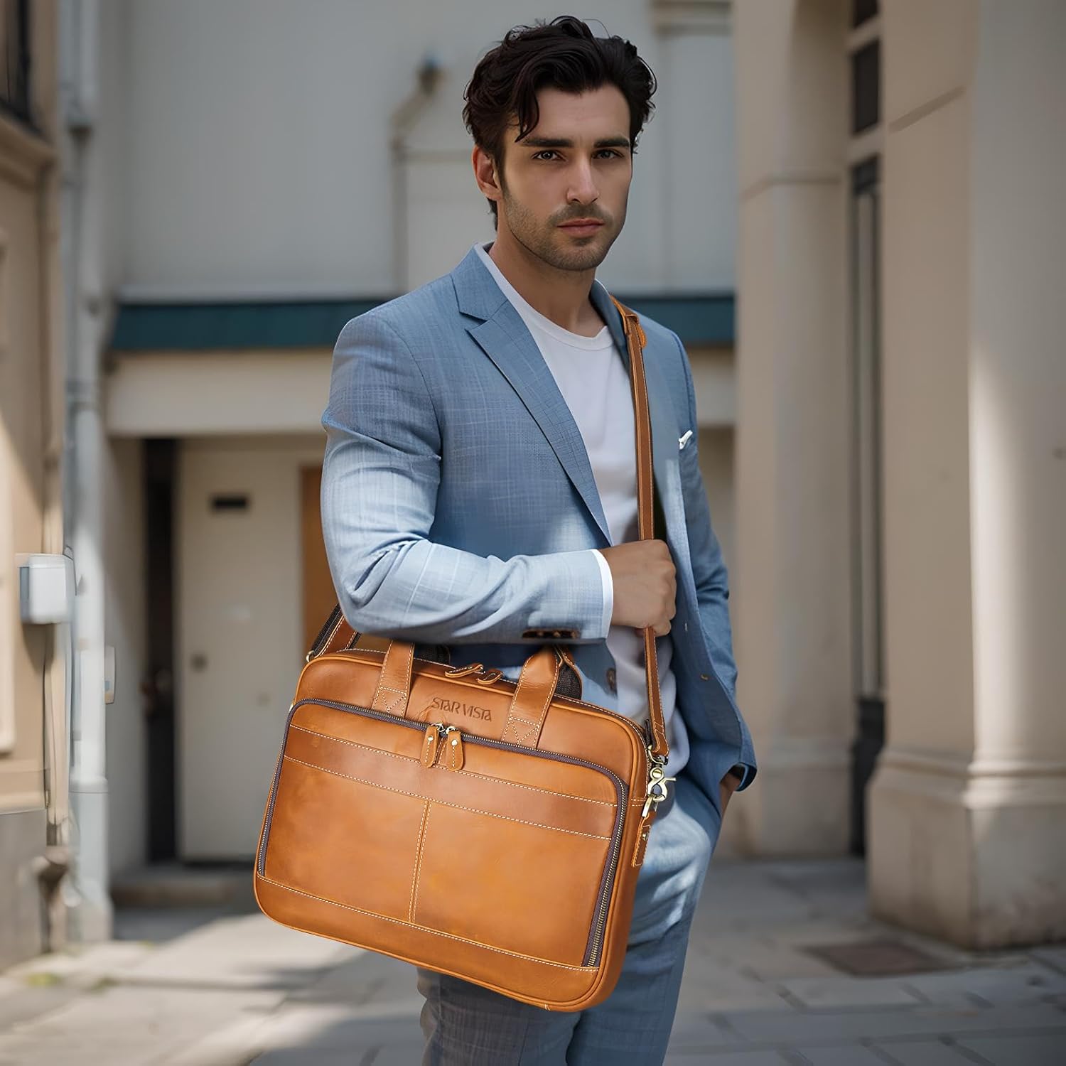 STAR VISTA Siro 15.6" Slim Laptop Messenger Bag, Full Grain Leather Briefcase, YKK Zippers, Brass Hardware