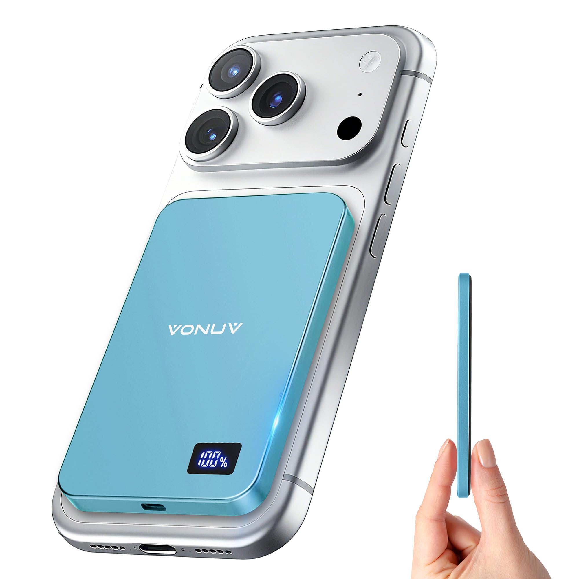 VONUV Magnetic Portable Charger 5000mAh, 15W Ultra Slim Wireless Portable Charger, Fast Charging for iPhone 17/16/15/14/13/12 Pro/Pro Max/Plus, Metal Shell, USB-C Cable to Charge Other Phones (Blue) | Magnetic, 5000mAh, 15W, Ultra Slim, Fast Charging, Metal Shell