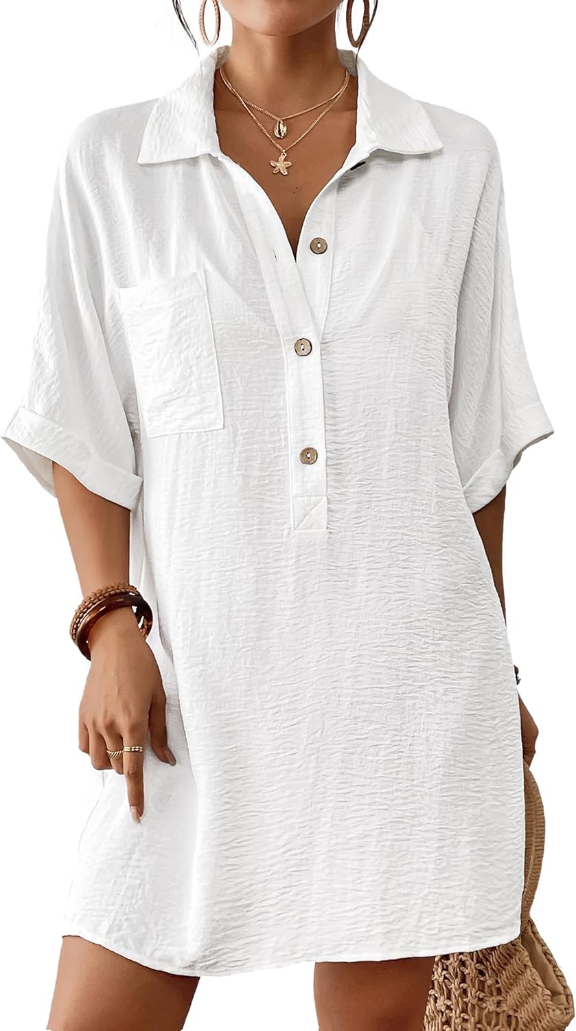 Bsubseach Cover Ups for Swimwear Women Short Sleeve Beach Swimsuit Coverup Loose Shirt Dress 2026 Vacation Outfits