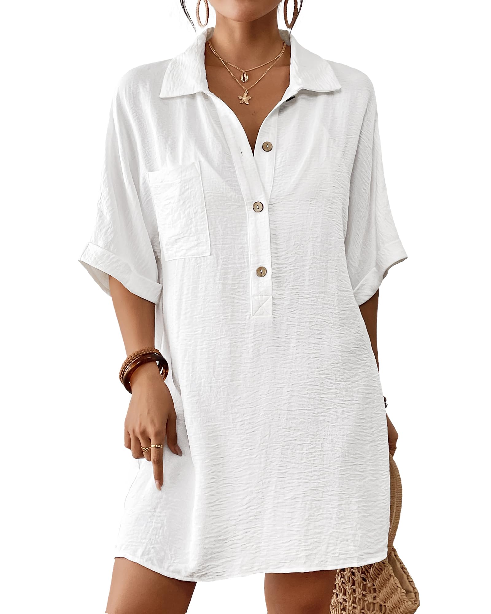 Bsubseach Cover Ups for Swimwear Women Short Sleeve Beach Swimsuit Coverup Loose Shirt Dress 2026 Vacation Outfits