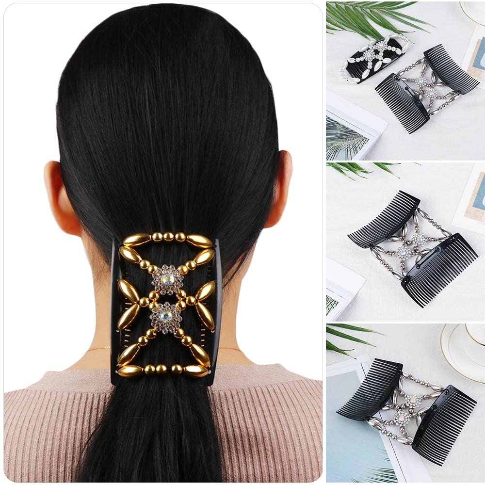 3PCS Hair Slides for Women,Crystal Beads Hair Combs Beaded Slides Double Clip Magic Elastic Double Sided Clips Hair Comb for Hairstyling Hair Accessories(Flowers) - Image 3