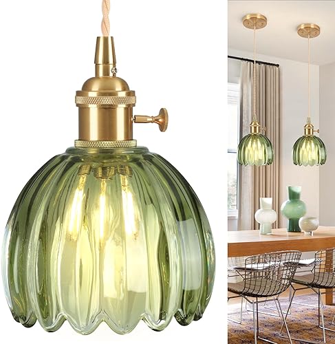 Miniatura 17 de Luces Colgantes para Isla de Cocina, Luz Colgante de Cristal Verde Accesorios de Iluminación Vintage, 9.4 pulgadas E26 Acabado Lámpara Colgante de
