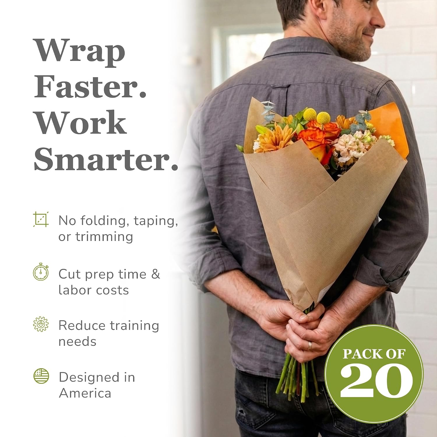 Teak Prefold 20 Pack, 17 x 2.75 x 18 Inch Waterproof Floral Paper Sleeves, FSC® Certified Recycled Kraft Paper, Gift-Ready for Wedding, Birthday, Holiday, Orange