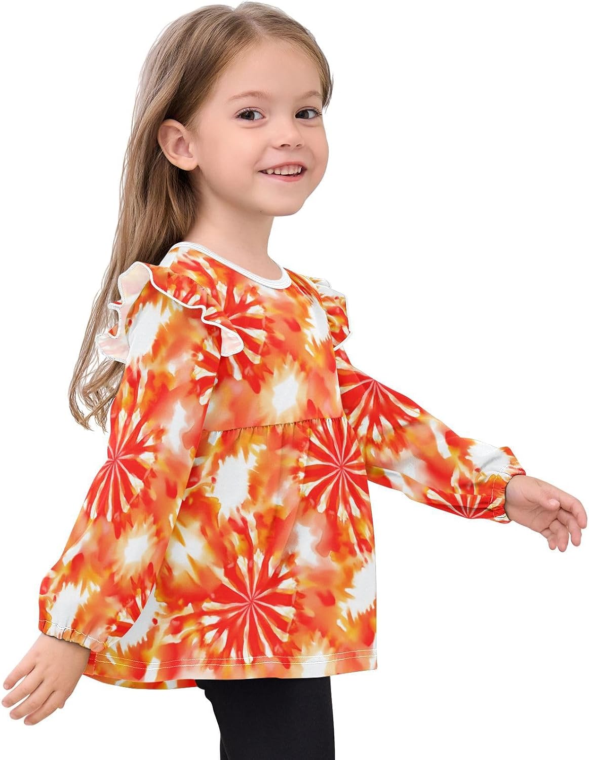 visesunny Toddler Clothes for Girls Orange Radiant Tie-dye Long Sleeve Fall Shirts Cotton Top with Ruffle Collar
