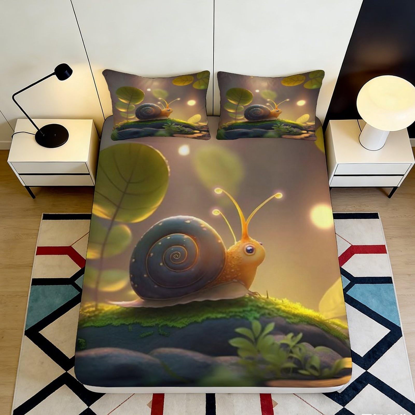 3D Printed Cartoon Snail Fitted Sheet Microfiber Soft Breathable Forest Leaves Mattress Cover for Bedroom Dorm Decor 90x200x25cm