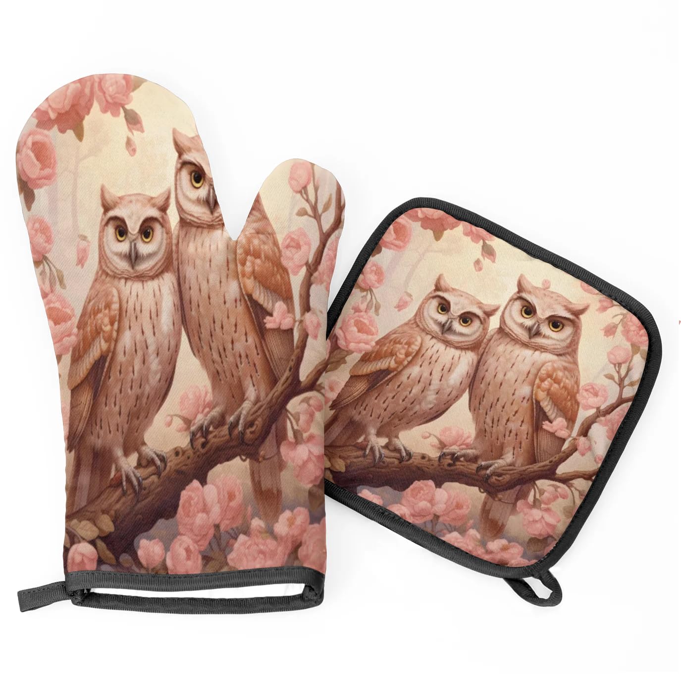 Tree Branch Flower Owls Oven Mitts Kitchen Oven Gloves for Cooking Baking Heat Proof Lining Cotton Kitchen Potholder Mittens Pot Holders Hot Pads for Chef Women Men