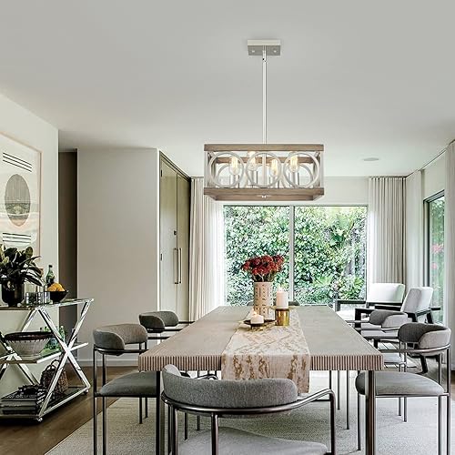 Miniatura 2 de XINGQI Lámpara moderna cuadrada de 4 luces, lámpara colgante de granja para comedor, sala de estar, dormitorio, isla de cocina, grano de madera