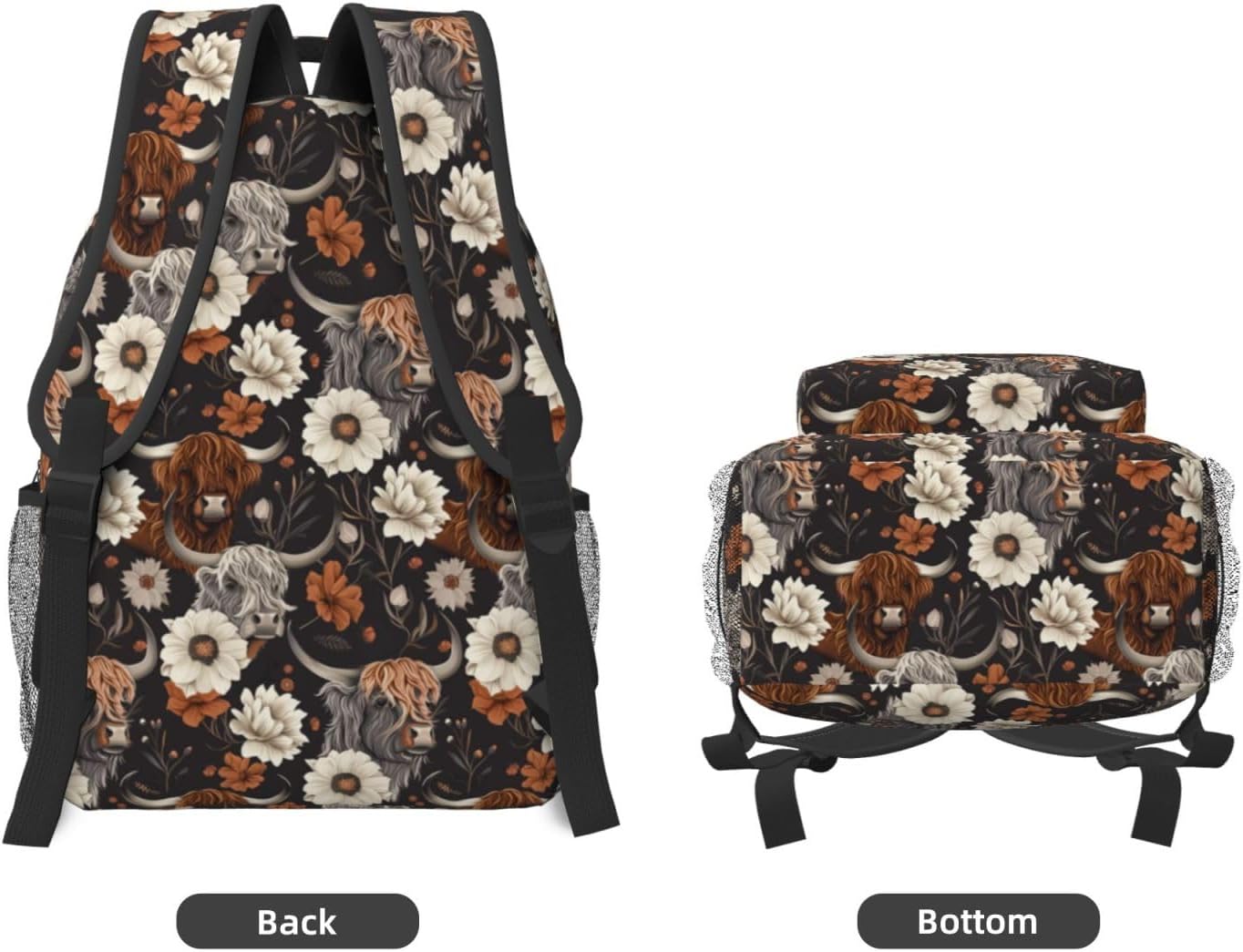 Rustic Highland Cow Backpack, School Travel Laptop Polyester Cows & Floral Backpacks for Women Kids, Work Sports Back Pack Casual Daypack, Lightweight Rucksack Gifts for Hiking Camping Gym - Image 3